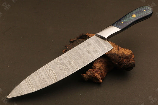 13.5" Hand Forged Ladder Damascus Steel Santoku Chef Knife – Camel Bone & Wood Handle