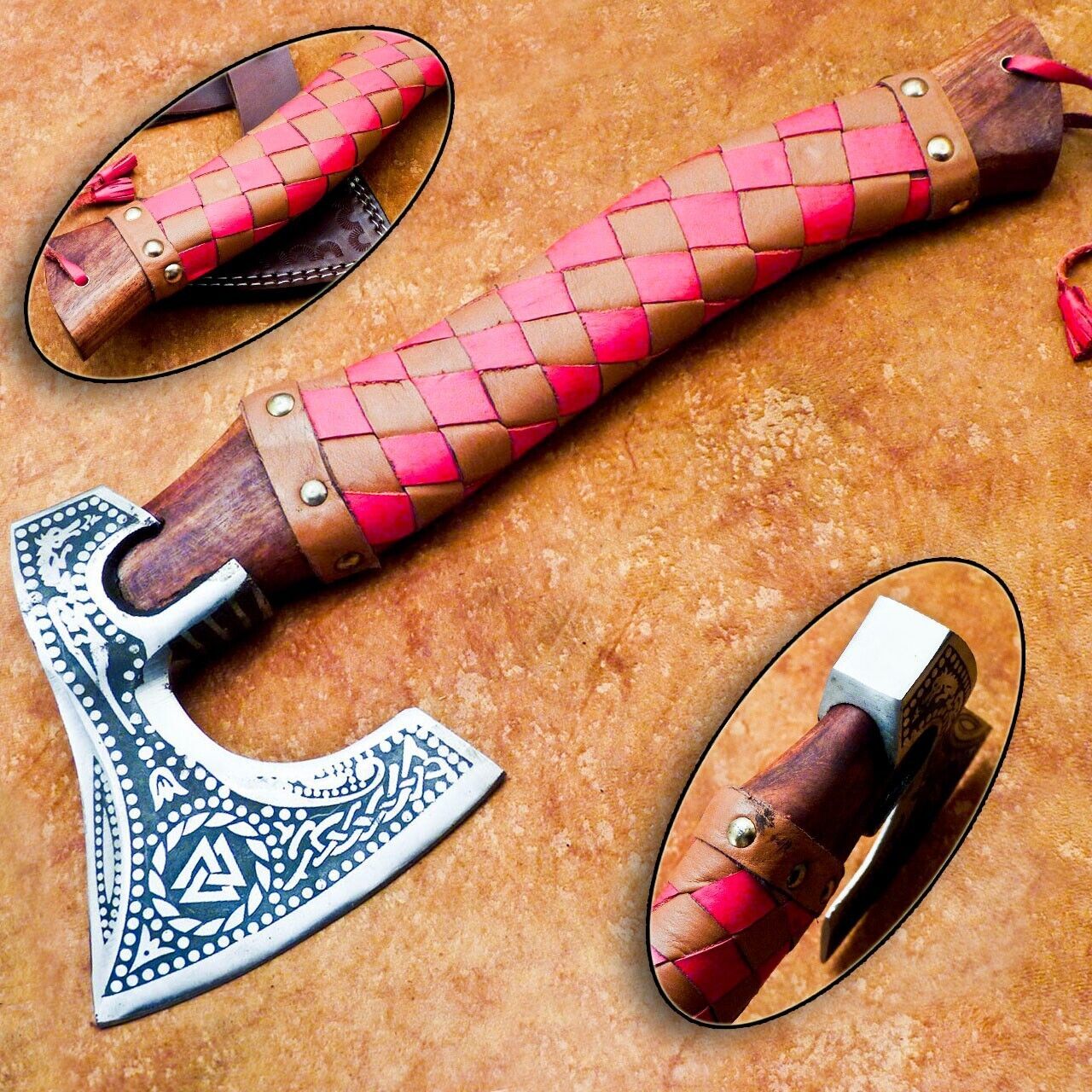 13.5" Hand Forged Viking Bearded Hatchet Carbon Steel Axe with Wooden Handle