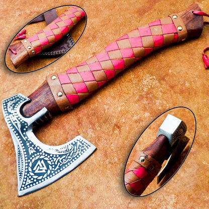 13.5" Hand Forged Viking Bearded Hatchet Carbon Steel Axe with Wooden Handle