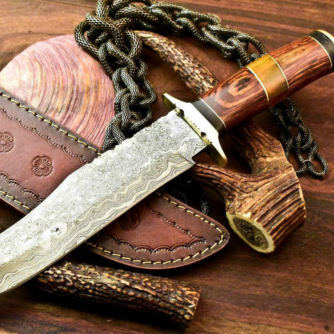 13.5" Handmade Damascus Bowie Hunting Knife | Walnut Wood Handle