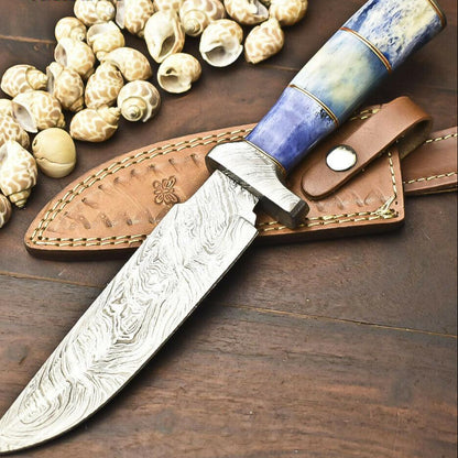 13.5" Handmade Damascus Bowie Knife | Camel Bone Handle | Outdoor Hunting