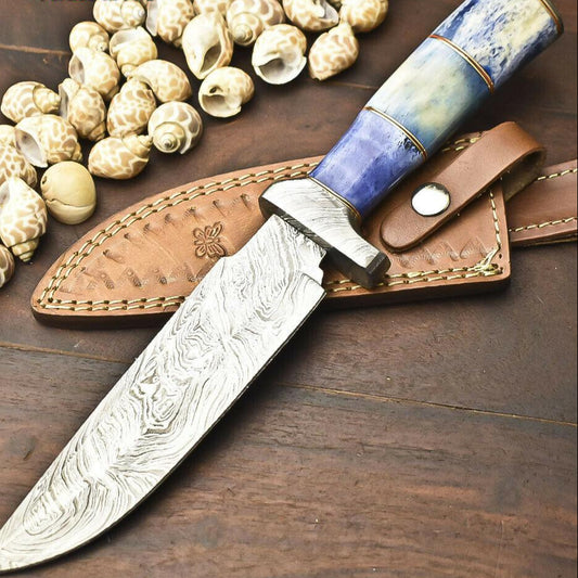 13.5" Handmade Damascus Bowie Knife | Camel Bone Handle | Outdoor Hunting