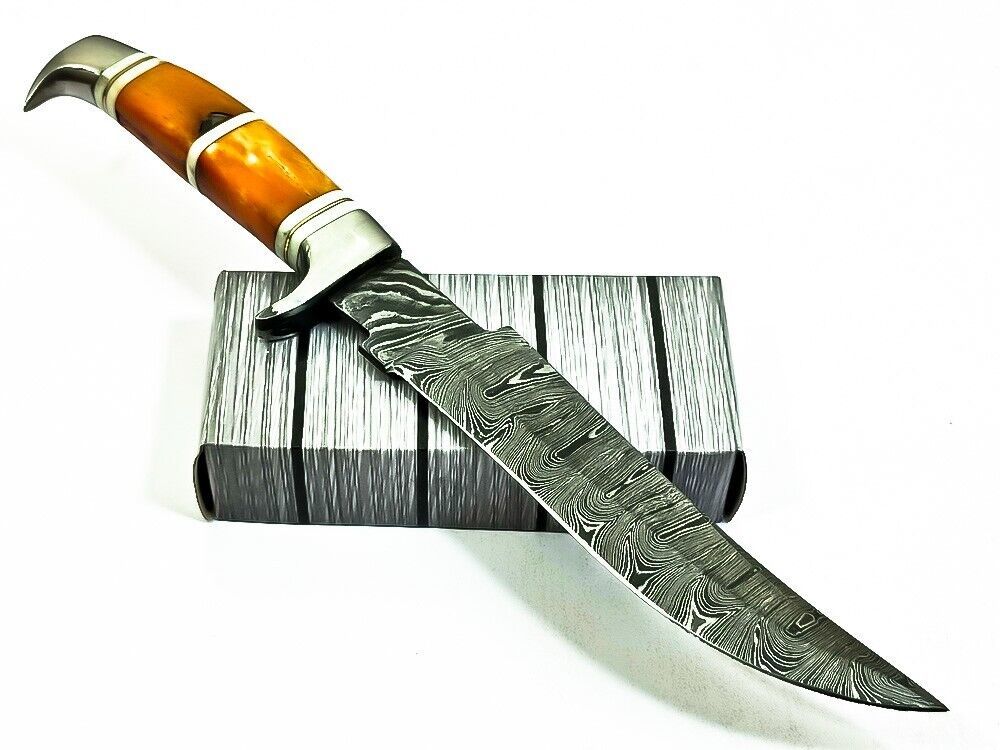 13.5" Handmade Damascus Bowie Knife Damascus Steel Knife with Bone Handle & Sheath