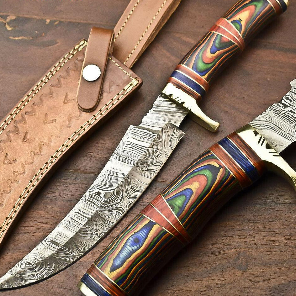 13.5” Handmade Damascus Bowie Knife | Hardwood Handle & Leather Sheath