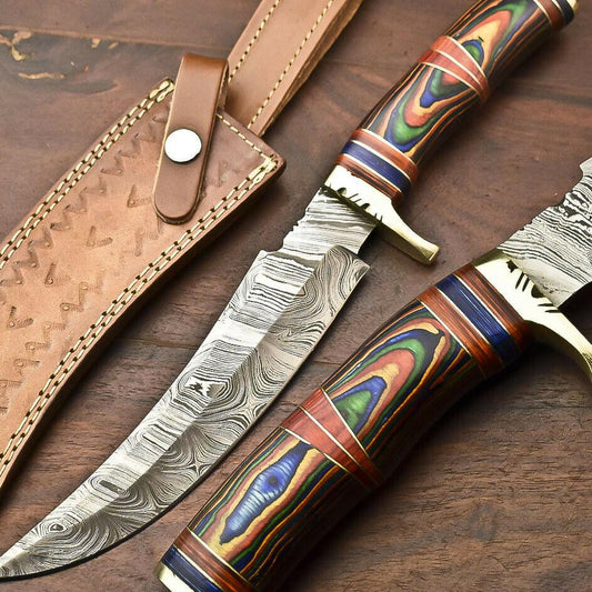 13.5” Handmade Damascus Bowie Knife | Hardwood Handle & Leather Sheath