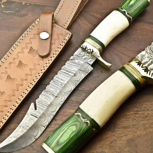13.5" Handmade Damascus Bowie Knife – Hardwood and Bone Handle & Leather Sheath