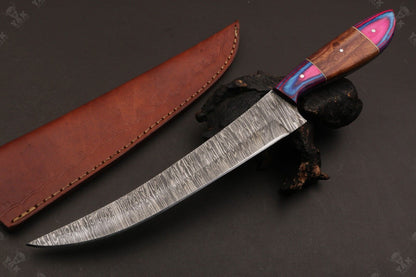 13.5" Handmade Damascus Fillet Knife Fire Damascus Steel Fillet Knife W/Sheath