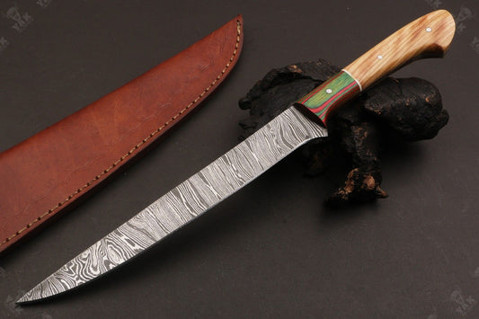 13.5" Handmade Damascus Fillet Knife Fire Damascus Steel Fillet Knife With Leather Sheath