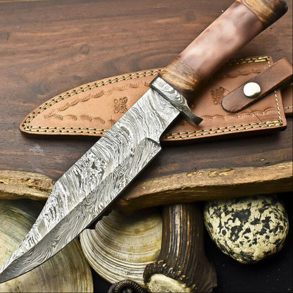 13.5" Handmade Damascus Steel Bowie Hunting Knife With Camel Bone Handle and Sheath