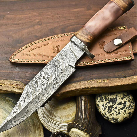 13.5" Handmade Damascus Steel Bowie Hunting Knife With Camel Bone Handle and Sheath
