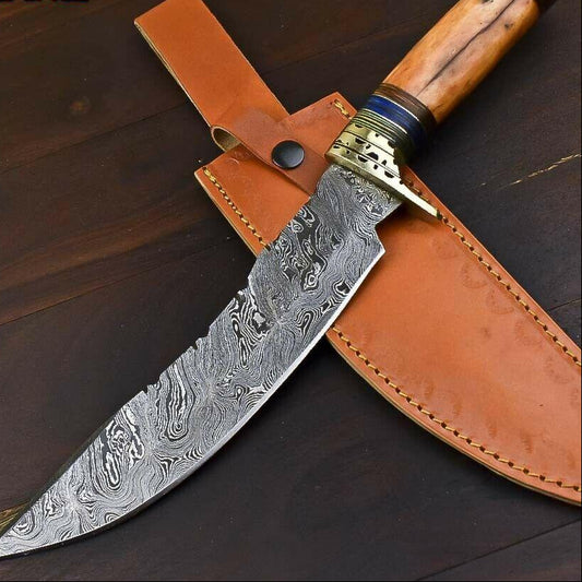 13.5" Handmade Damascus Steel Bowie Knife – Camel Bone Handle
