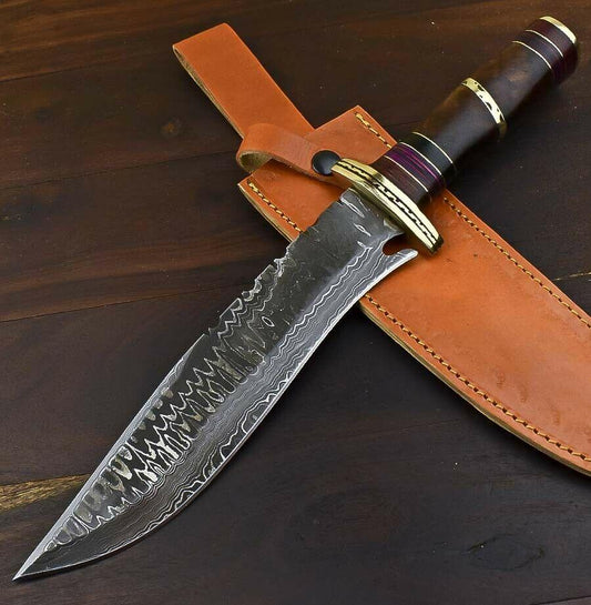 13.5" Handmade Damascus Steel Bowie Knife – Walnut Wood Fisher & Hunter Knife