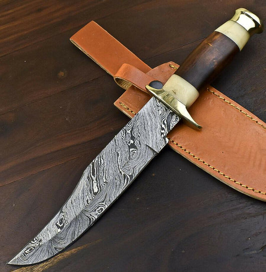 13.5" Handmade Damascus Steel Bowie Knife with Walnut Wood and Bone Handle & Leather Sheath