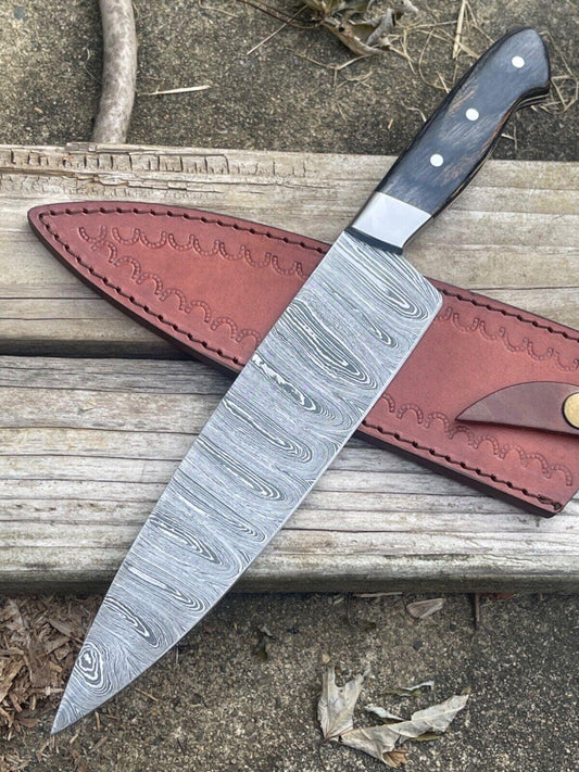 13.5" Handmade Damascus Steel Chef Knife Custom Damascus Chef Knife with wood handle