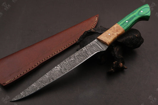 13.5" Handmade Damascus Steel Fillet Knife Best Fillet Knife With Leather Sheath