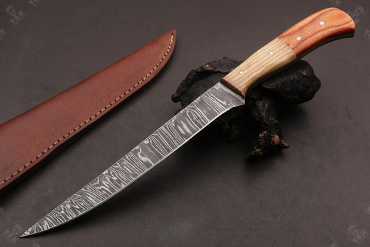 13.5" Handmade Damascus Steel Fillet Knife Damascus Fillet Knife for Fishing & Kitchen W/Sheath