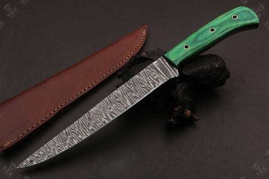 13.5" Handmade Fire Damascus Steel Fillet Knife  Damascus Fillet Knife For Kitchen Use W/Sheath