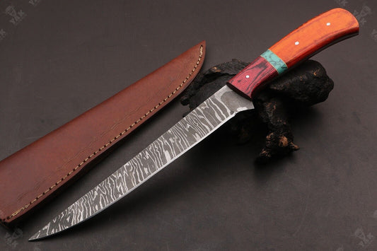 13.5" Handmade Fire Damascus Steel Fillet Knife Damascus Fillet Knife W/Sheath