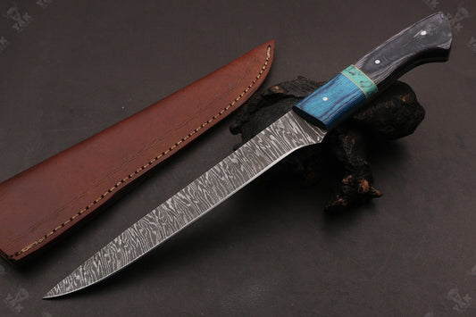 13.5" Handmade Fire Damascus Steel Fillet Knife Damascus Fillet Knife With Leather Sheath