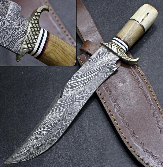 13.5" Heritage Forge Damascus Steel Bowie Knife | Camel Bone & Olive Wood