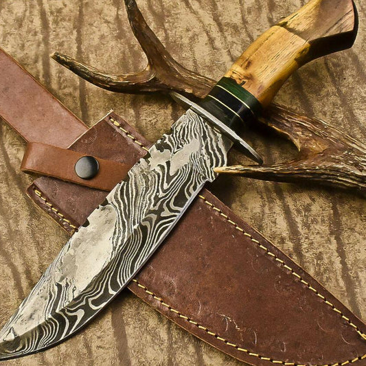 13.5" Heritage Forge Damascus Steel Bowie Knife | Olive Wood Handle