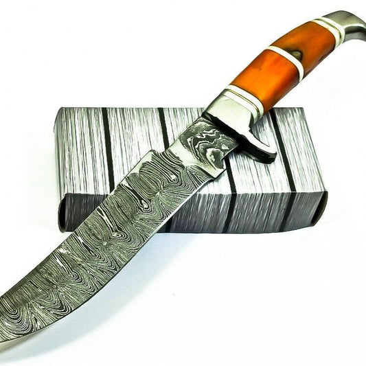 13.5" Heritage Forge Handmade Damascus Steel Bowie Knife | Bone Handle & Steel Guard with Sheath