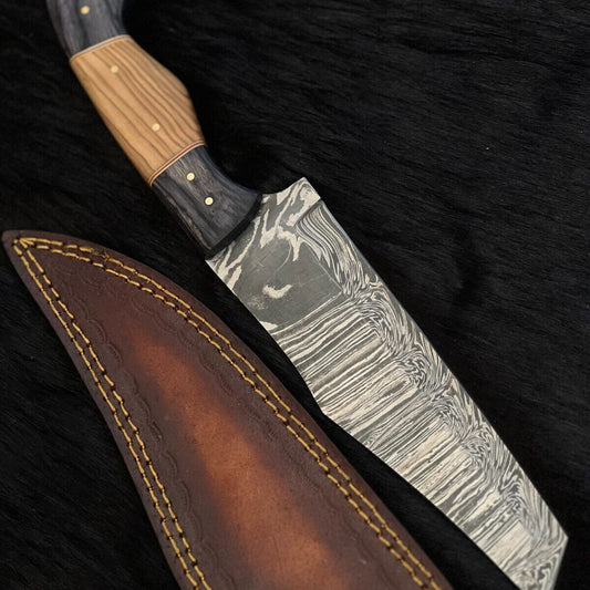 13.5 Inch Custom Twist Damascus Steel Bowie Knife with Camel Bone and Wood Handle