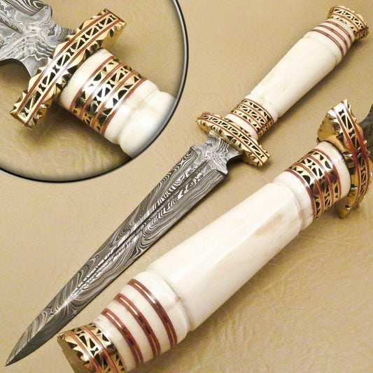 13.5 Inch Damascus Steel Hunting Dagger with Camel Bone Handle