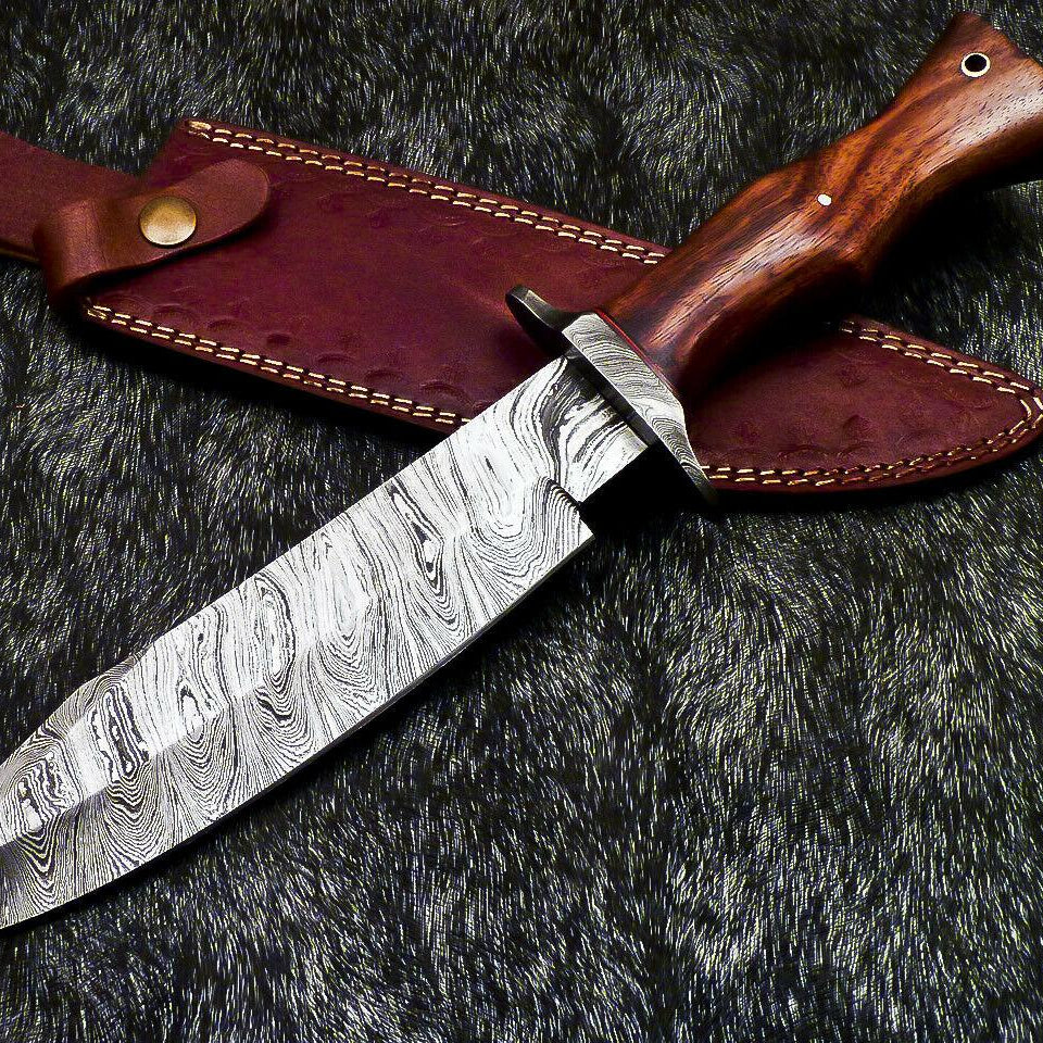 13.5 Inch Handmade Damascus Steel Bowie Knife with Natural Wood Handle