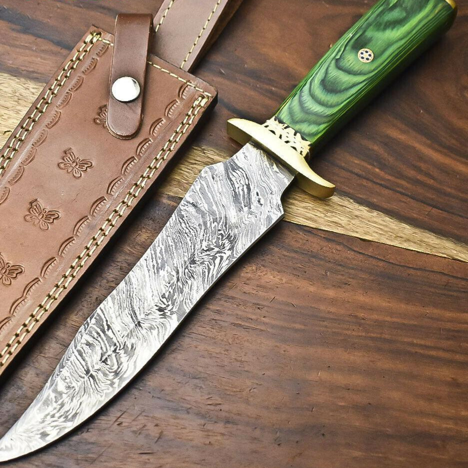 13.5 Inch Handmade Damascus Steel Hunting Bowie Knife with Hardwood Handle