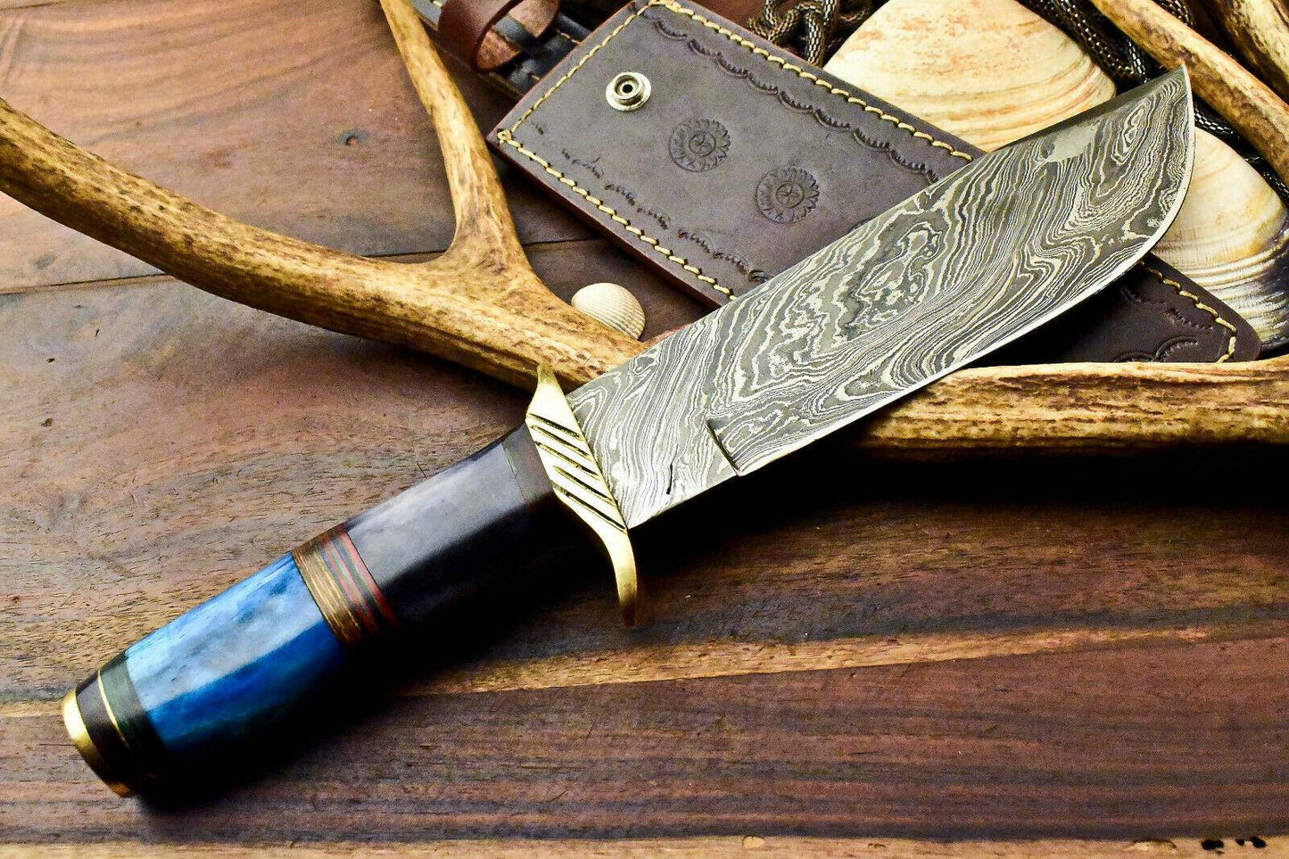13.5" Premium Damascus Steel Knife Damascus Bowie Knife With Camel Bone Handle & Sheath
