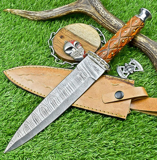 13.5" Premium Handmade Damascus Steel Dagger Bowie Knife – Wood Handle & Leather Sheath
