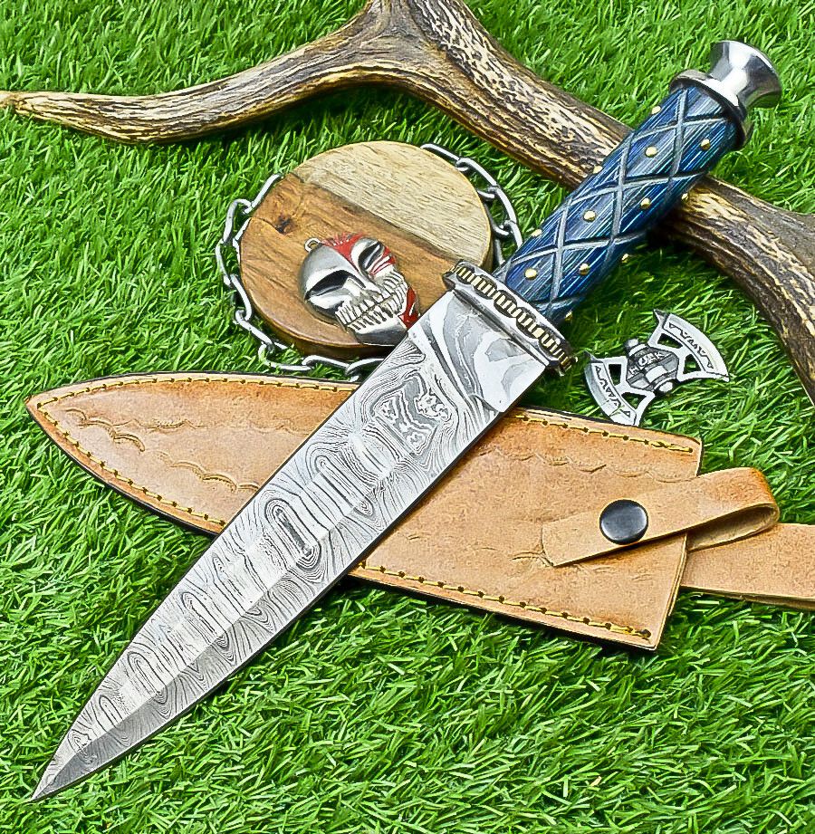 13.5" Premium Handmade Damascus Steel Dagger – Outdoor Bowie Knife with Leather Sheath