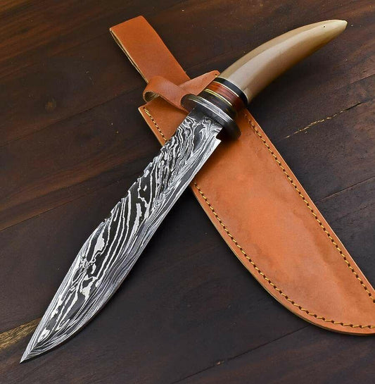 13.5" Tanto Damascus Bowie Knife – Bull Horn Handle & Leather Sheath