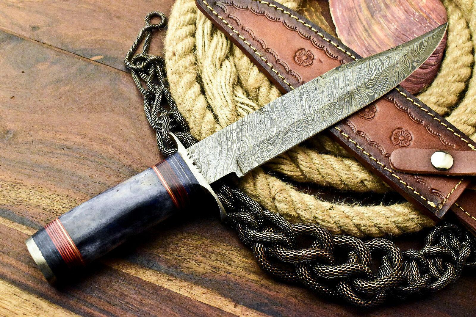 13.75" Custom Handmade damascus bowie Knife damascus steel knife with Bone Handle & Sheath