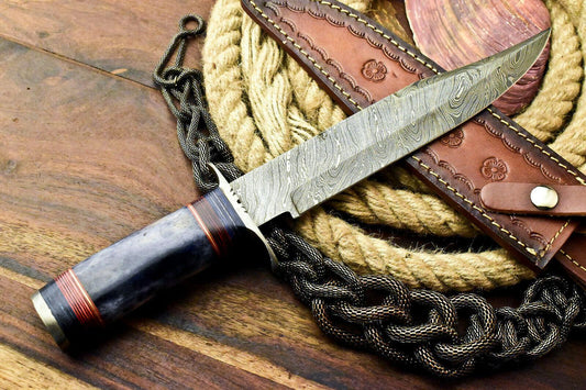 13.75" Custom Handmade damascus bowie Knife damascus steel knife with Bone Handle & Sheath