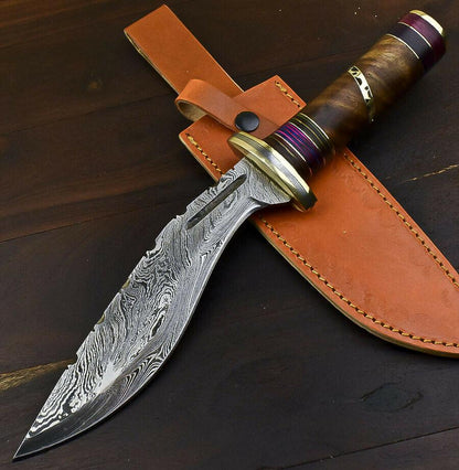 13.7" Damascus Steel Tactical Bowie Knife with Walnut Wood Handle & Leather Sheath