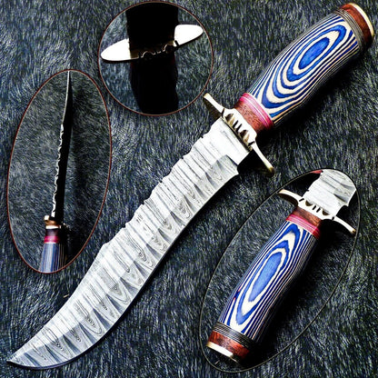 13" Authentic Hand Forged Damascus Blade Hunting Bowie Knife | Hard Wood Handle & Leather Sheath