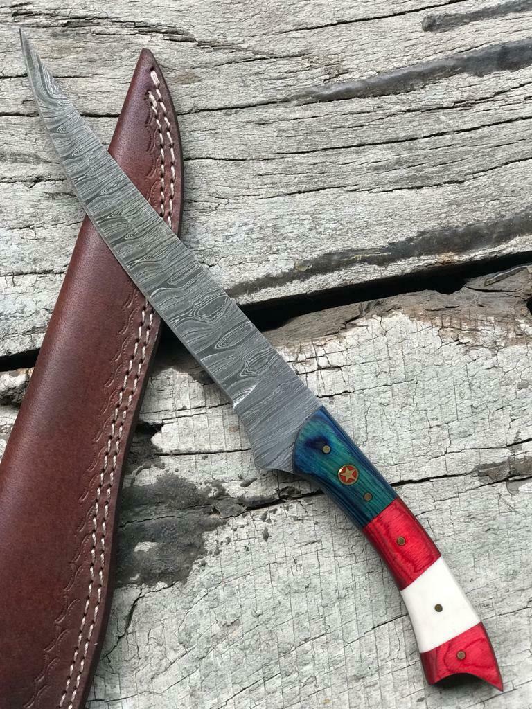 13" CUSTOM HANDMADE DAMASCUS STEEL FILLET KNIFE Damascus Fillet Knife With Sheath