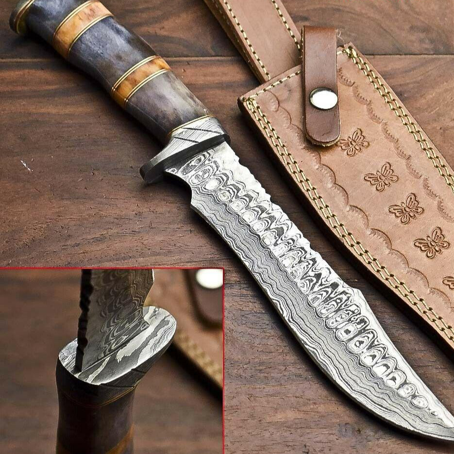  13" Custom Damascus Bowie Knife – Camel Bone Handle 