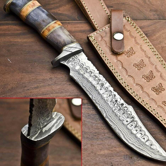  13" Custom Damascus Bowie Knife – Camel Bone Handle 