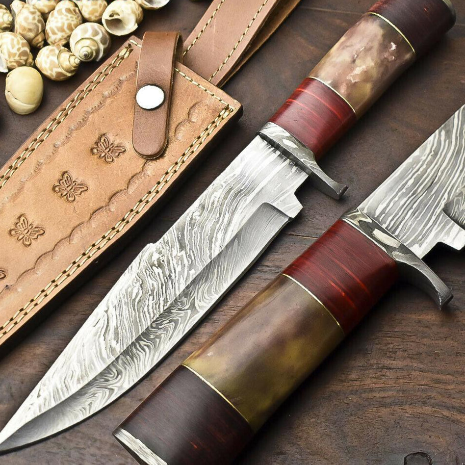 13" Custom Damascus Bowie Knife Damascus Steel Knife with Bone Handle & Leather Sheath