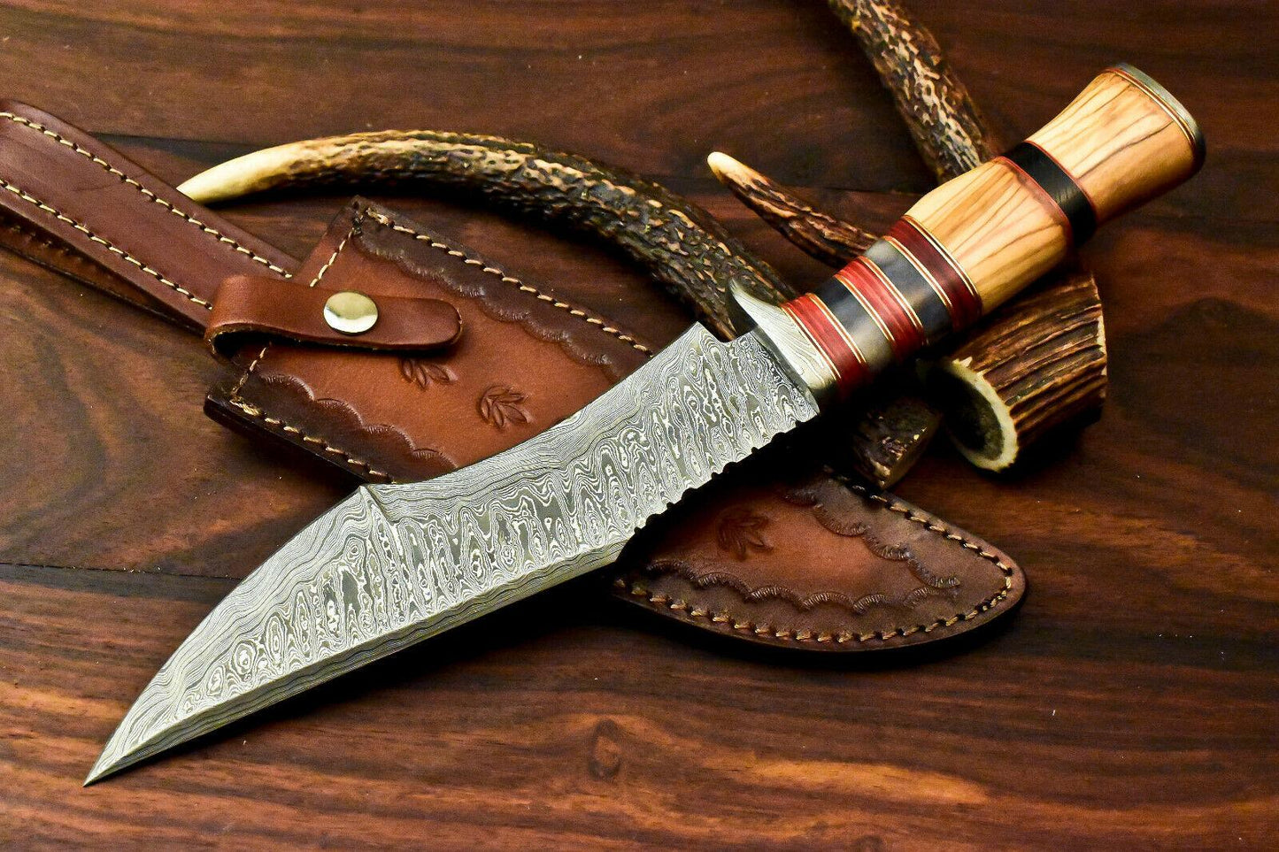 13" Custom Damascus Bowie Knife Damascus Steel Knife with Olive Wood Handle & Sheath