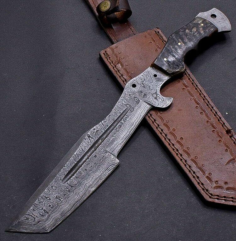 13" Custom Damascus Bowie Knife Damascus Steel Knife with Ram Horn Handle & Sheath