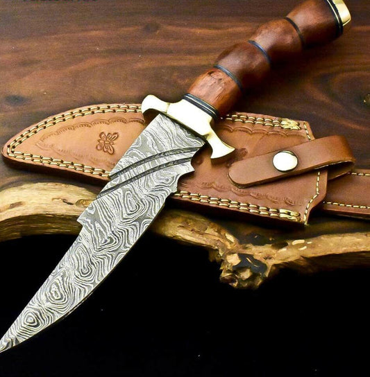  13" Custom Damascus Bowie Knife – Walnut Wood Handle & Leather Sheath