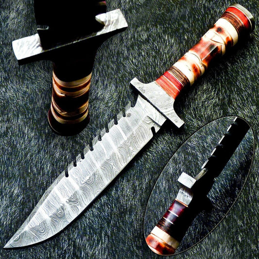 13" Custom Damascus Steel Bowie Knife | Engraved Camel Bone & Hardwood Handle