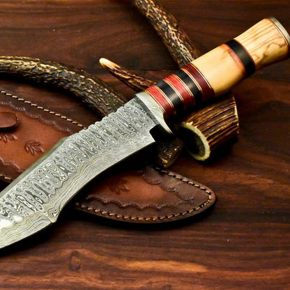 13" Custom Damascus Steel Bowie Knife | Olive Wood Handle