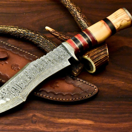 13" Custom Damascus Steel Bowie Knife | Olive Wood Handle