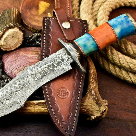 13" Custom Damascus Steel Bowie Knife with Camel Bone Handle & Leather Sheath