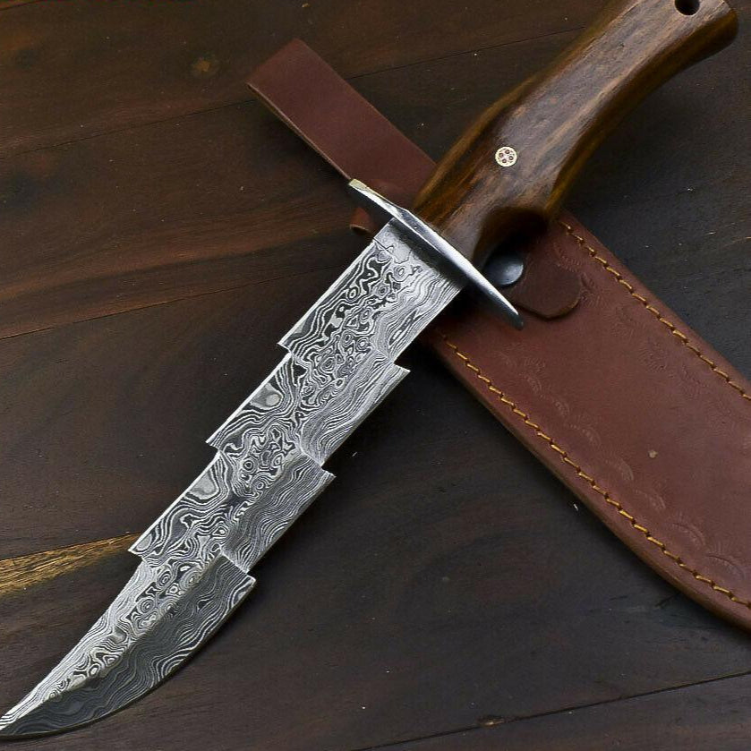 13" Custom Damascus Steel Bowie Knife with Walnut Wood Handle
